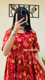 Cotton Printed Red Nyra Cut Long Kurti - Dolled Up