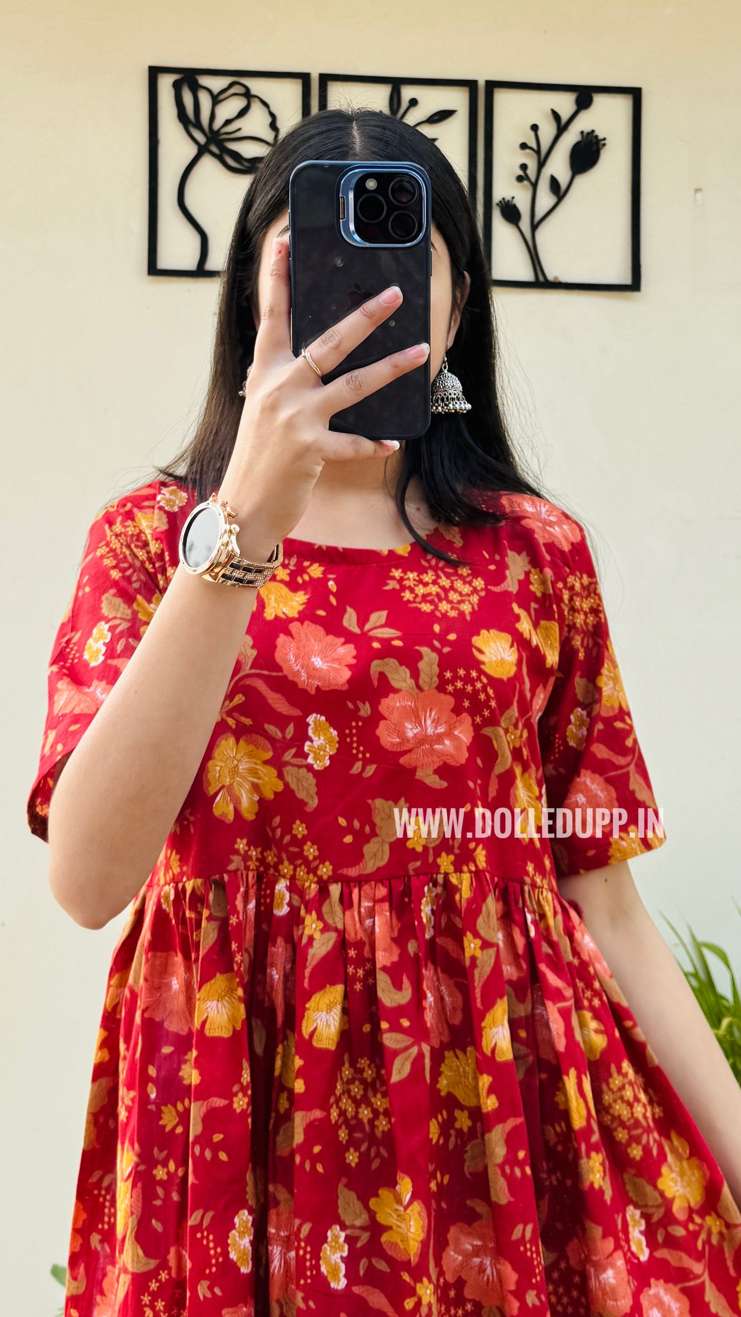 Cotton Printed Red Nyra Cut Long Kurti