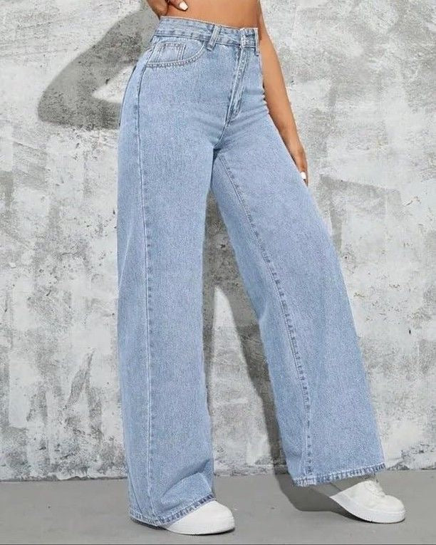 High Waisted Ice Blue Wide Leg Denim Jeans