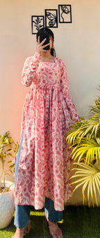Cotton Full Sleeve Peach Colour Nyra Cut Long Kurti - Dolled Up