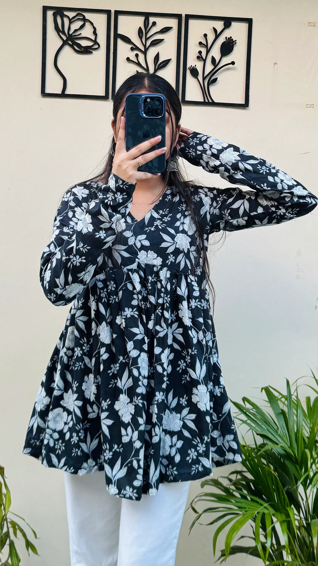 Cotton Flared Black Aliacut Floral Print Peplum Top - Dolled Up