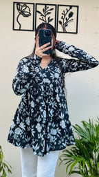 Cotton Flared Black Aliacut Floral Print Peplum Top - Dolled Up