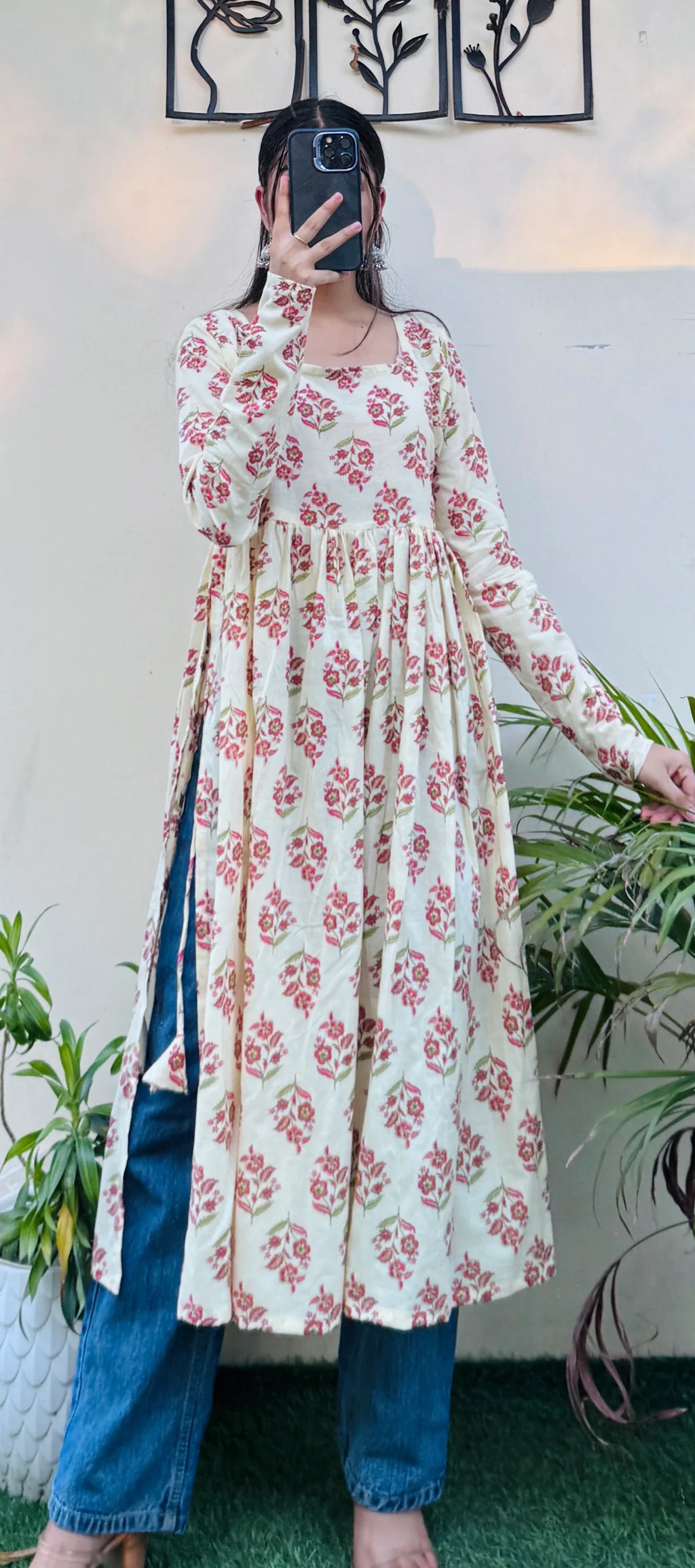 Cotton Full Sleeve Cream Colour Nyra Cut Long Kurti - Dolled Up