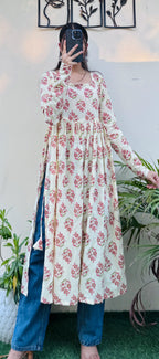 Cotton Full Sleeve Cream Colour Nyra Cut Long Kurti - Dolled Up