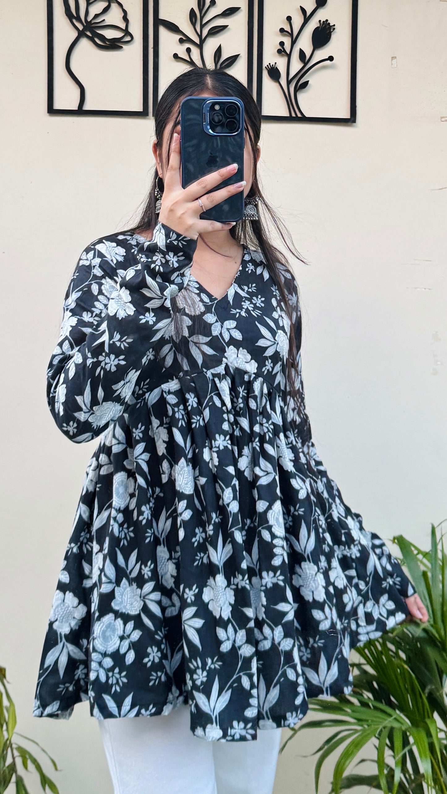 Cotton Flared Black Aliacut Floral Print Peplum Top