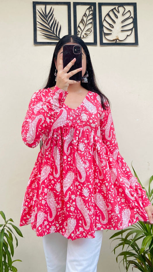 Cotton Flared Pink Printed Aliacut Peplum Top