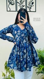 Cotton Flared Royal Blue Aliacut Floral Print Peplum Top - Dolled Up