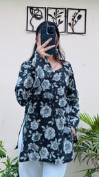 Cotton Katha Black Sweetheart Neck Bellsleeve Short Kurti - Dolled Up