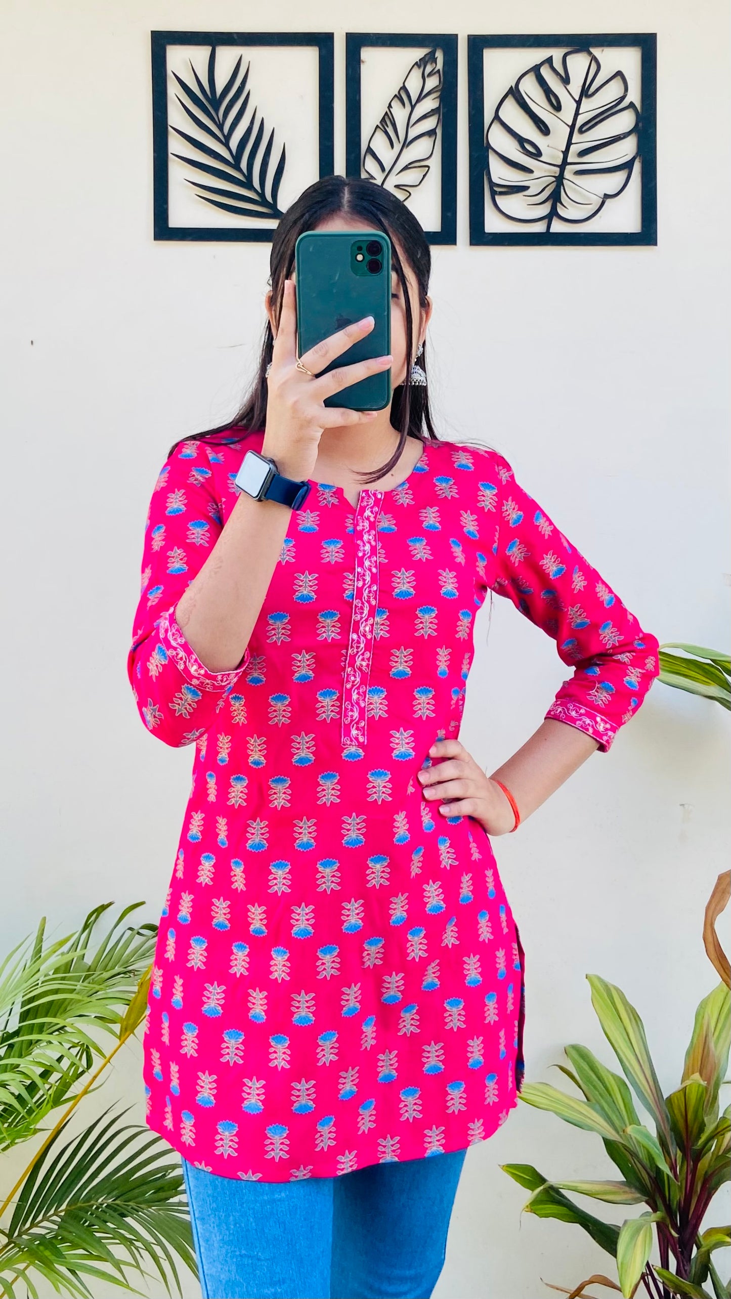 Hot Pink Printed Short Kurti