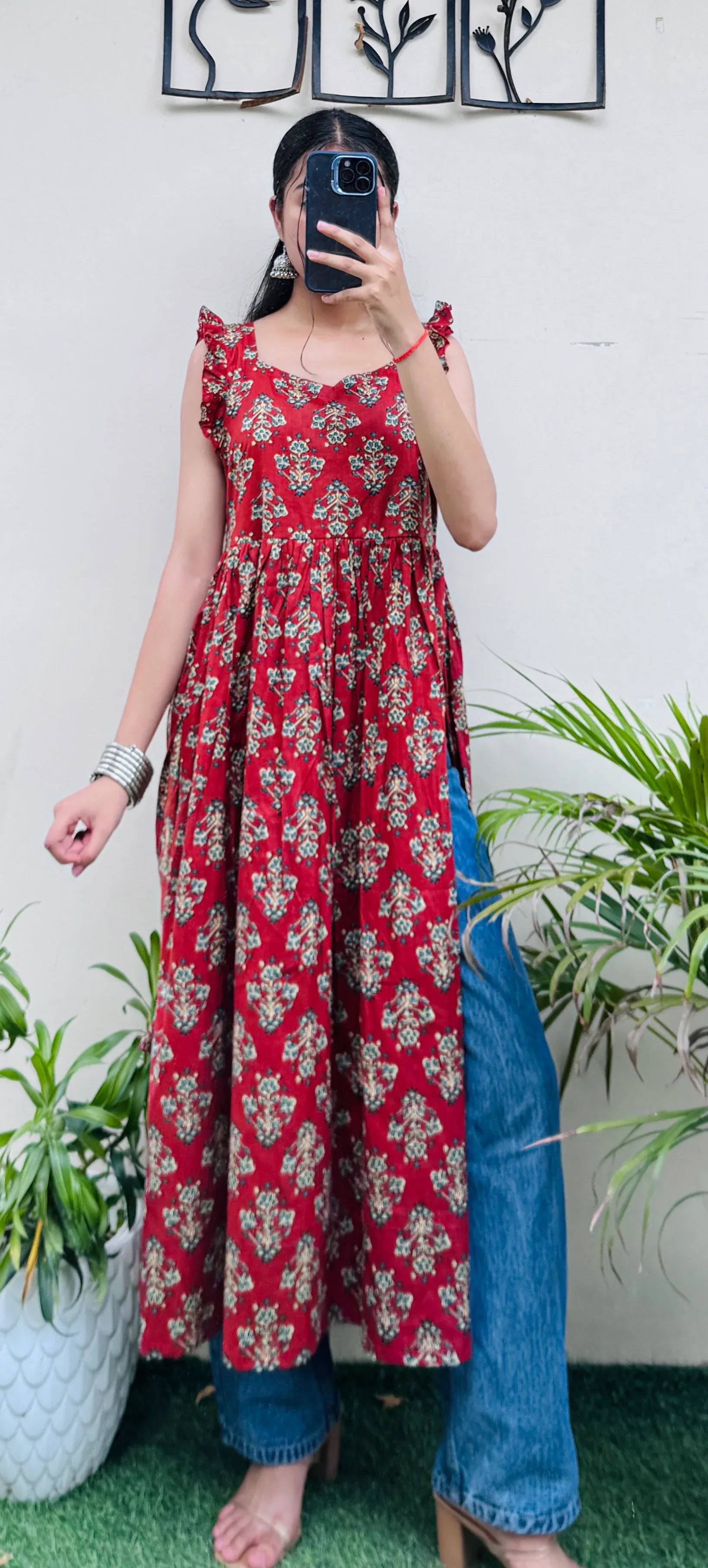 Cotton Ruffle Sleeveless Nyra Cut Long Kurti - Dolled Up