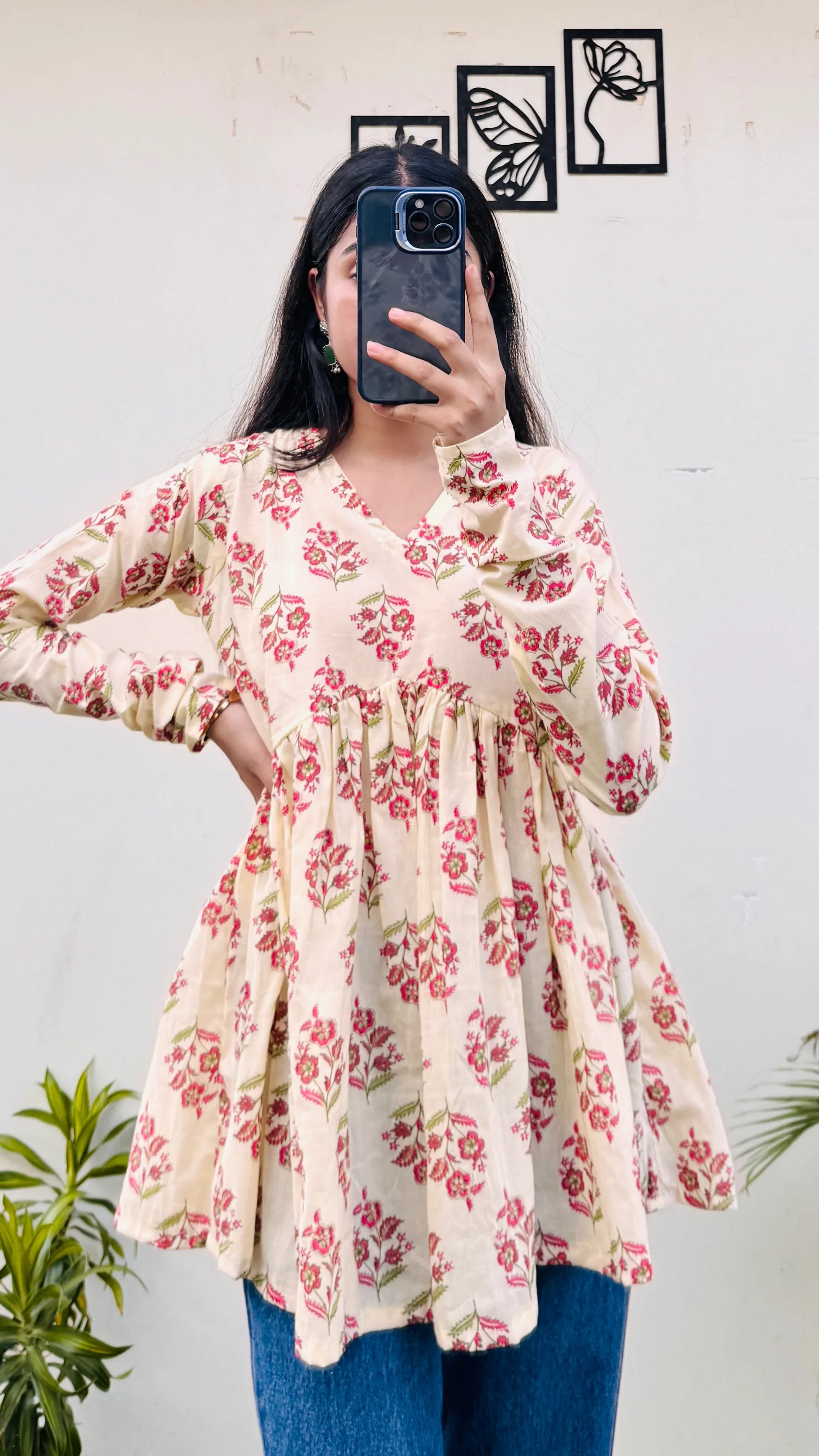 Cotton Cream Flared Printed Aliacut Peplum Top - Dolled Up