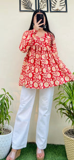 Cotton Flared Red Aliacut Printed Peplum Top - Dolled Up