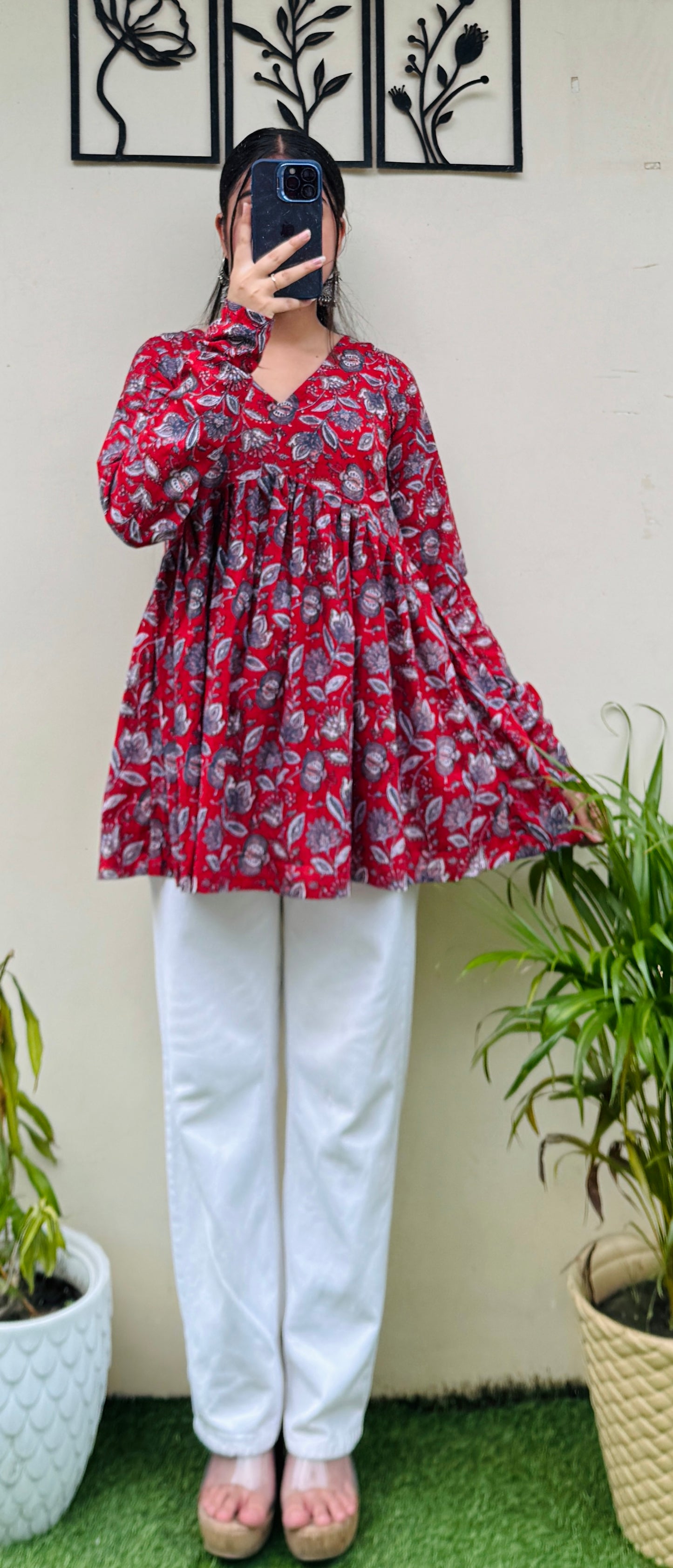 Cotton Flared Red Aliacut Floral Print Peplum Top