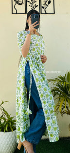 Cotton Printed White & Green Puff Sleeves Nyra Cut Long Kurti - Dolled Up