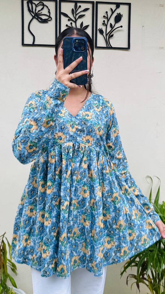 Cotton Skyblue Flared Floral Print Aliacut Peplum Top