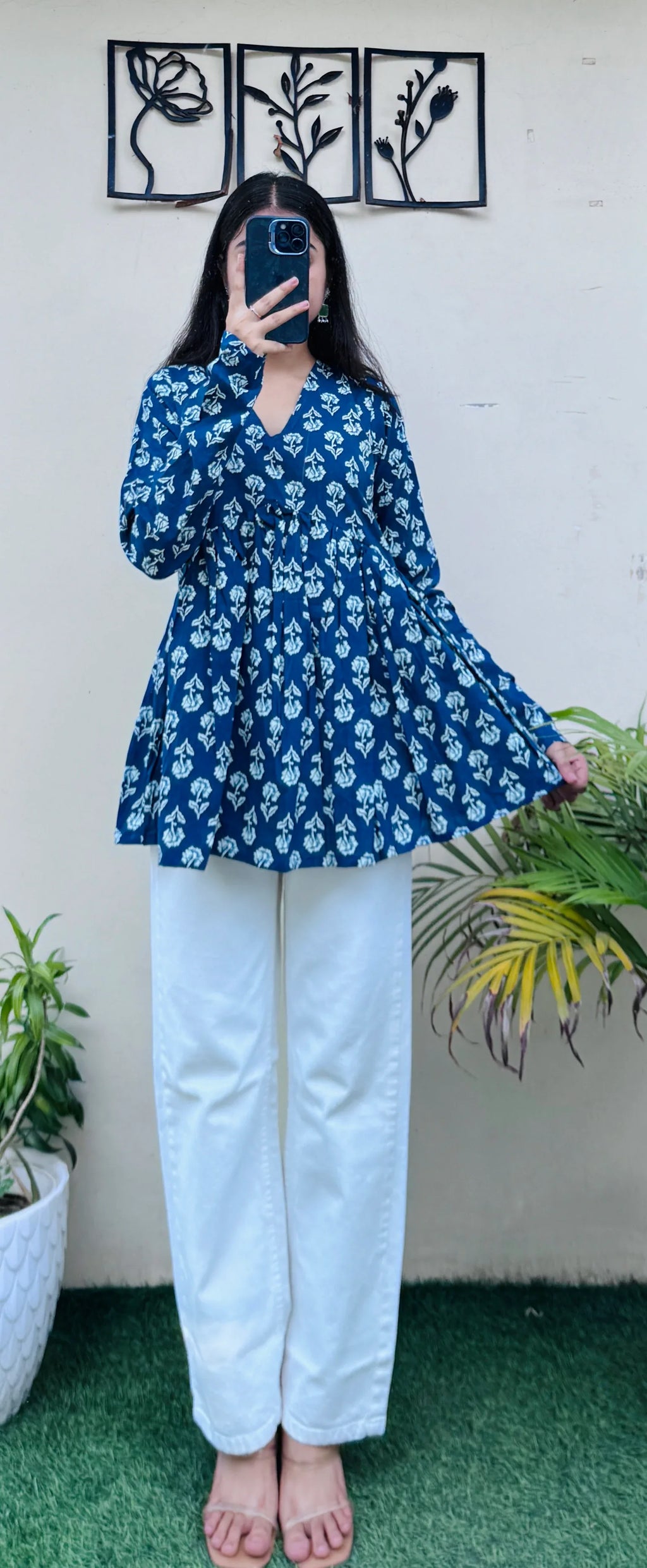 Cotton Blue Flared Printed Aliacut Peplum Top - Dolled Up