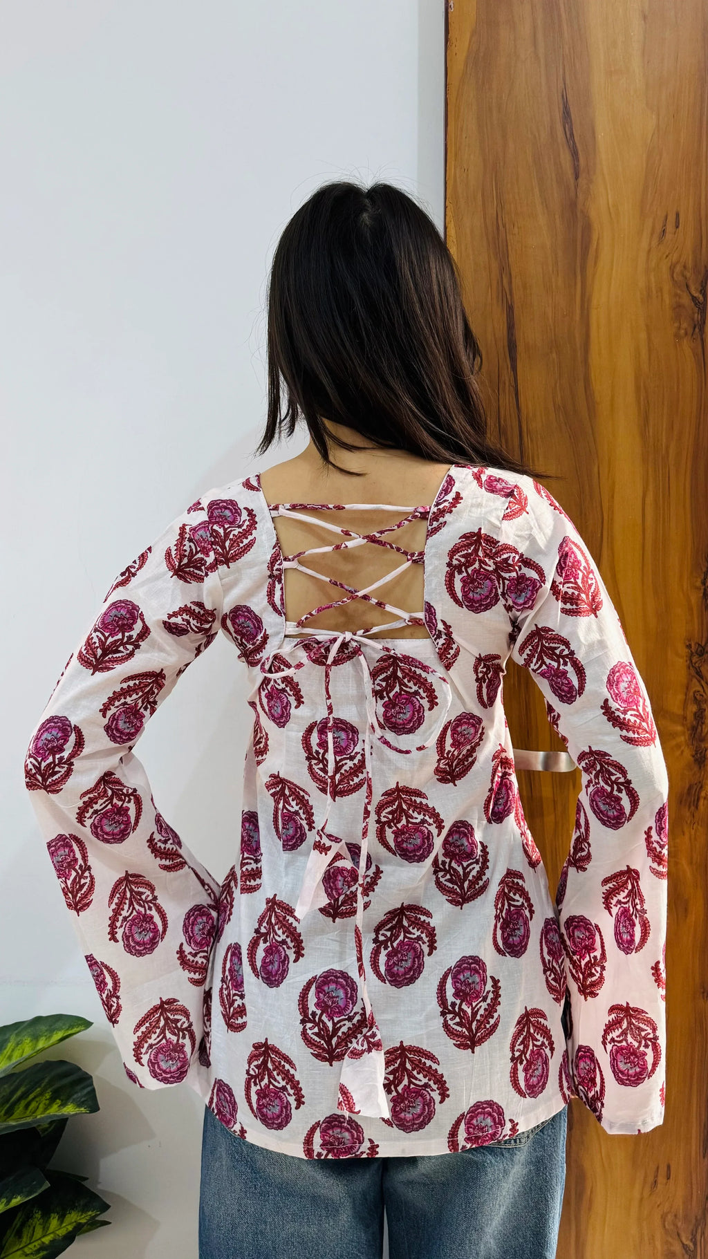 Cotton Bell Sleeves Back Crisscross design Short Kurti - Dolled Up