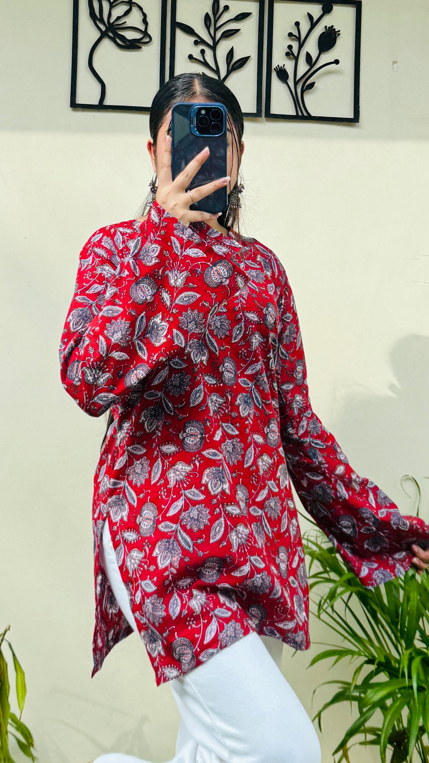 Cotton Bell Sleeve Floral Print Straight Short Kurti