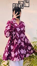 Cotton Wine Flared Printed Aliacut Peplum Top - Dolled Up
