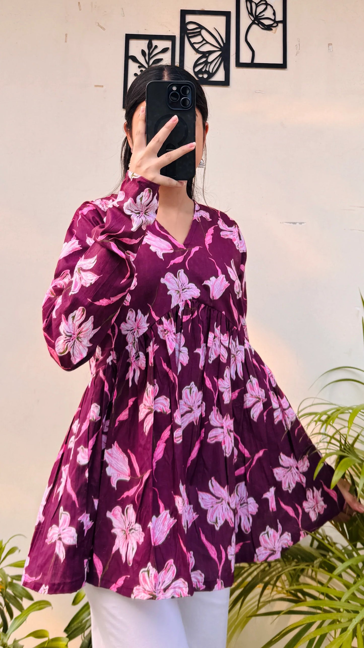 Cotton Wine Flared Printed Aliacut Peplum Top - Dolled Up