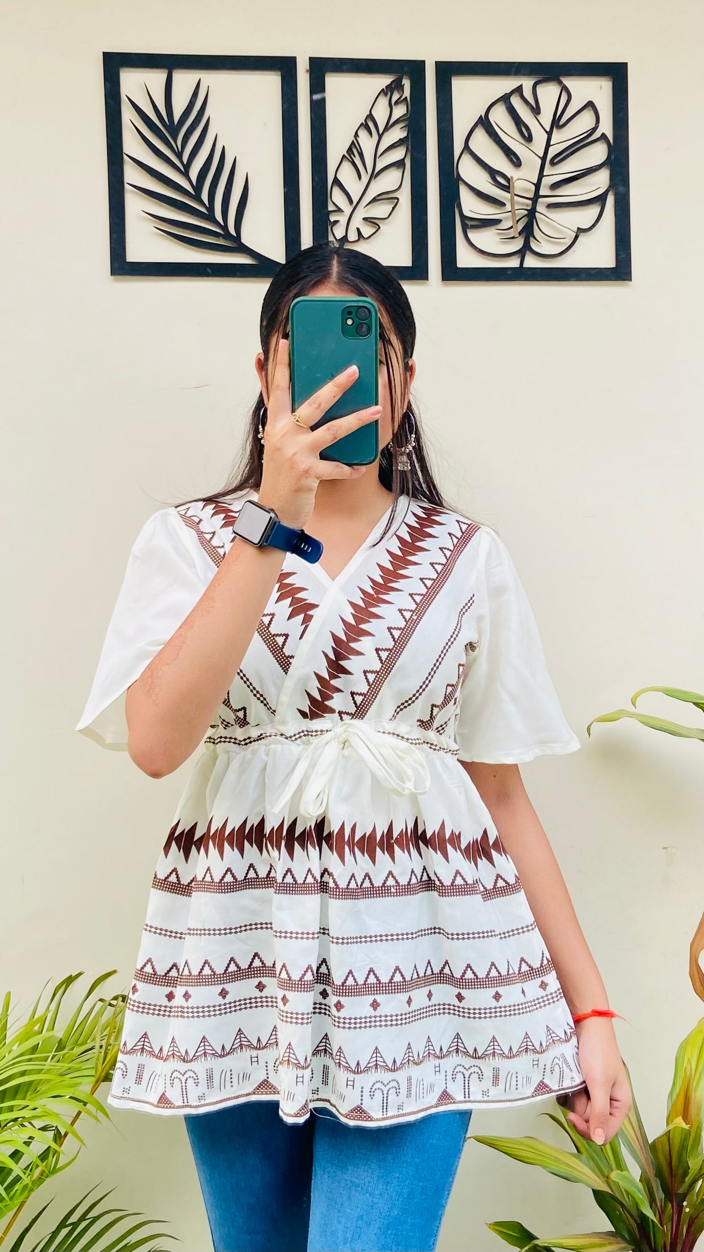 Cream n Brown Printed Rayon Short Sleeve Top