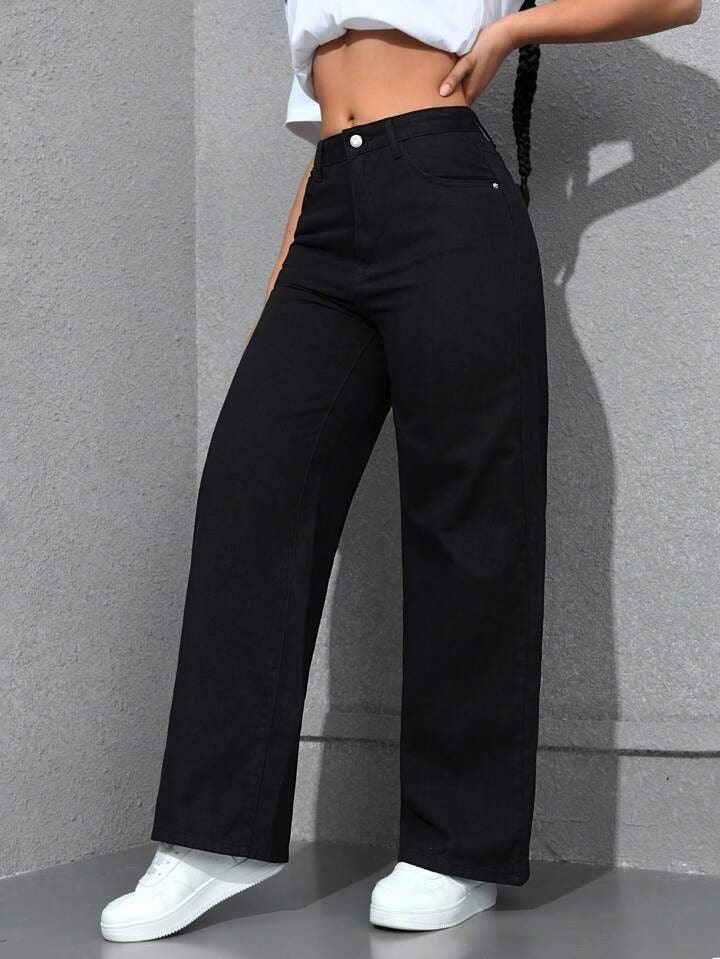 High Waisted Black Wide Leg Denim Jeans - Dolled Up