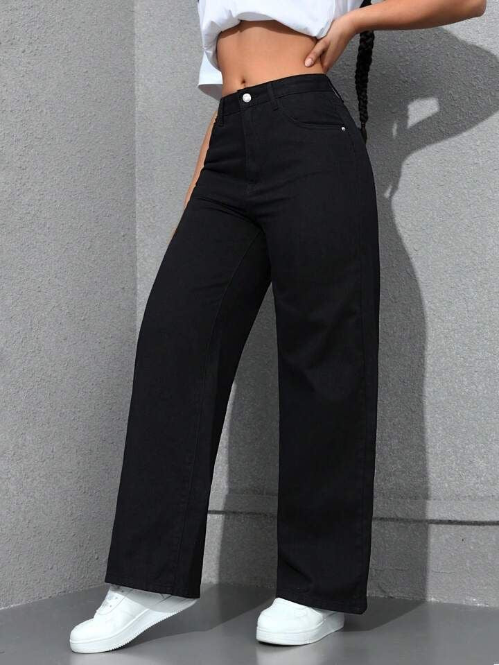 High Waisted Black Wide Leg Denim Jeans