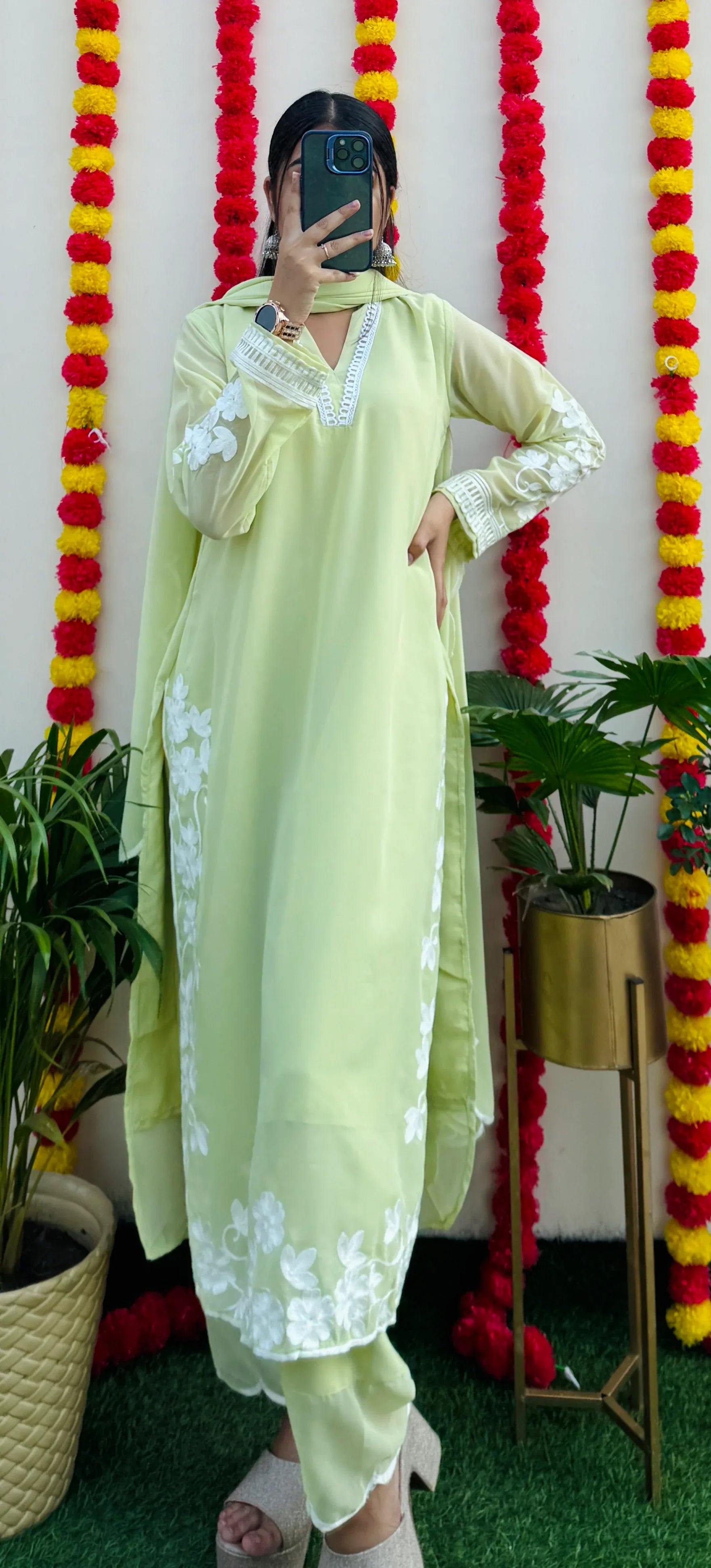 Beautiful Georgette Chikankari Hand Work Embroidery Kurta Pant with Dupatta - Dolled Up