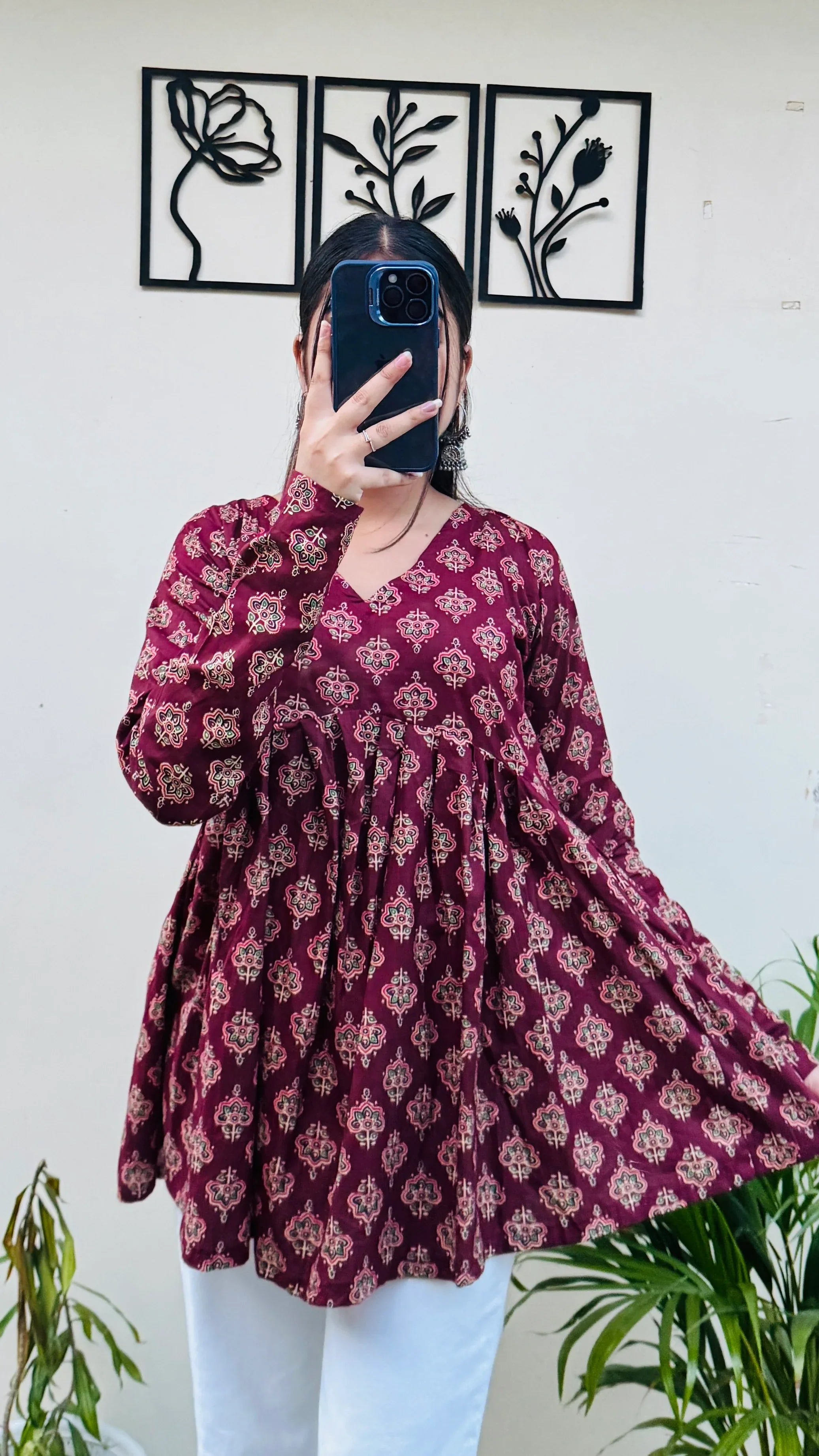 Cotton Flared Maroon Aliacut Ajarakh Print Peplum Top - Dolled Up