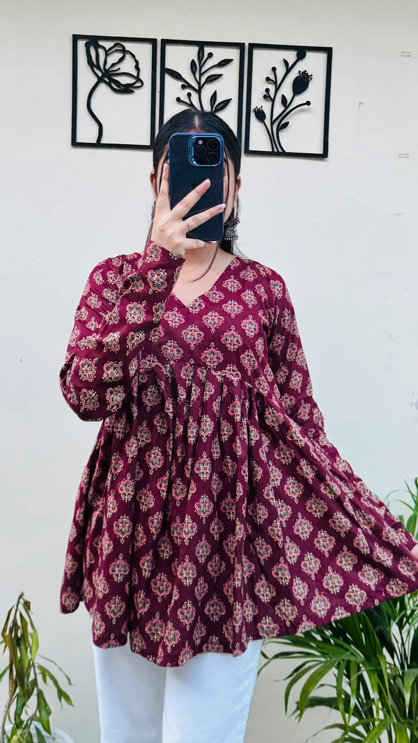 Cotton Flared Maroon Aliacut Ajarakh Print Peplum Top - Dolled Up