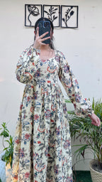 Katha Cotton Cream Balloon Sleeves Long Kurti - Dolled Up