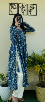 Cotton Full Sleeve Blue Nyra Cut Long Kurti - Dolled Up