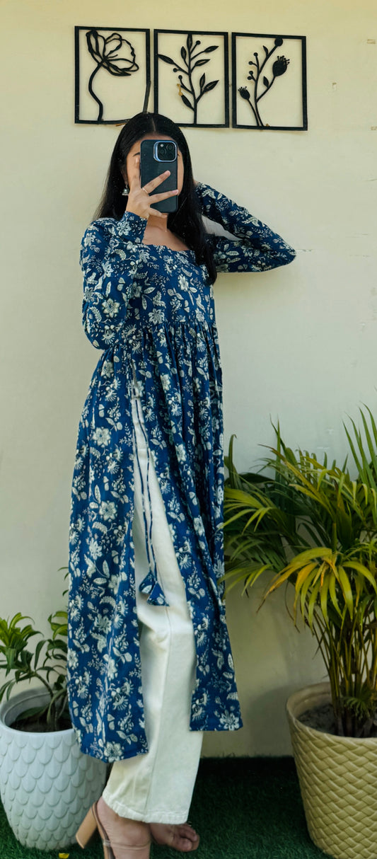 Cotton Full Sleeve Blue Nyra Cut Long Kurti