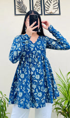 Cotton Flared Royal Blue Aliacut Floral Print Peplum Top - Dolled Up