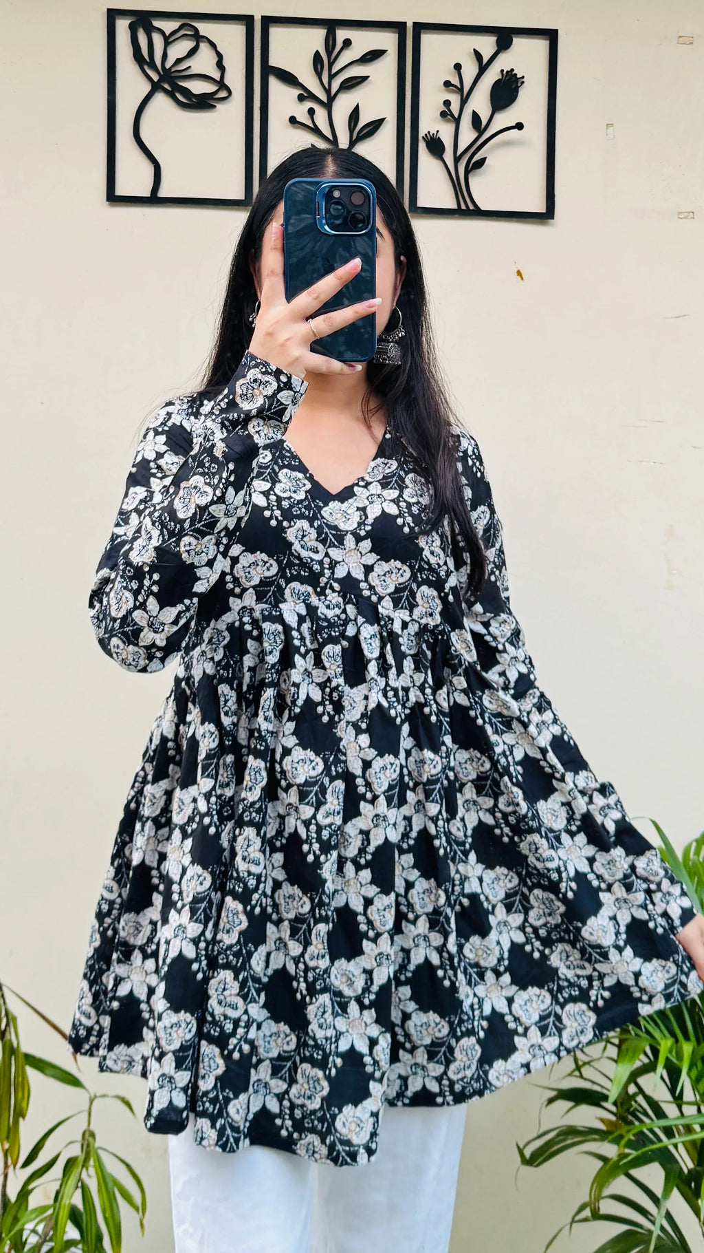 Cotton Flared Black Aliacut Printed Peplum Top - Dolled Up