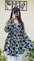 Cotton Flared Black Aliacut Printed Peplum Top - Dolled Up