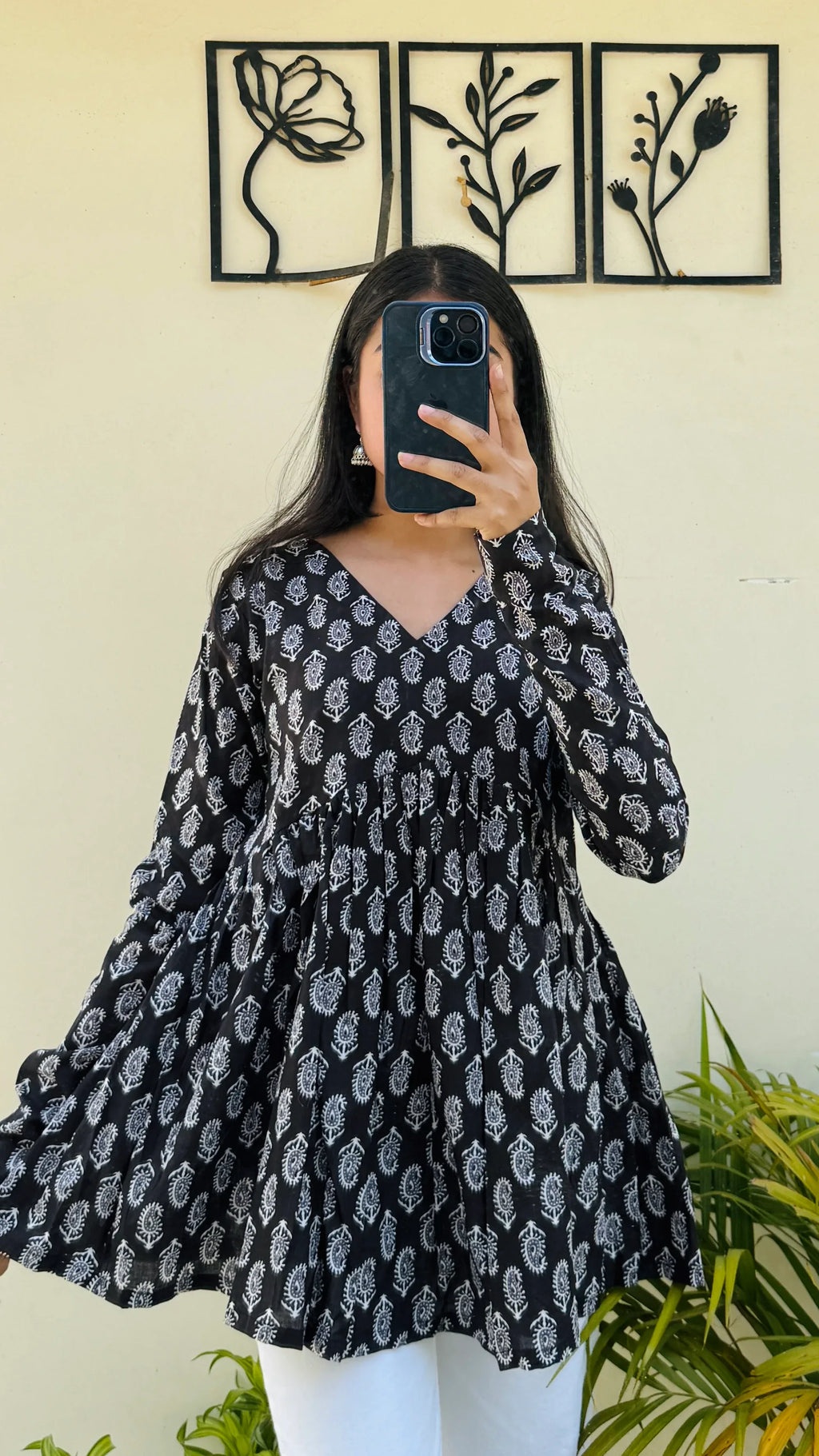 Cotton Black Flared Printed Aliacut Peplum Top - Dolled Up