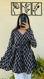 Cotton Black Flared Printed Aliacut Peplum Top - Dolled Up