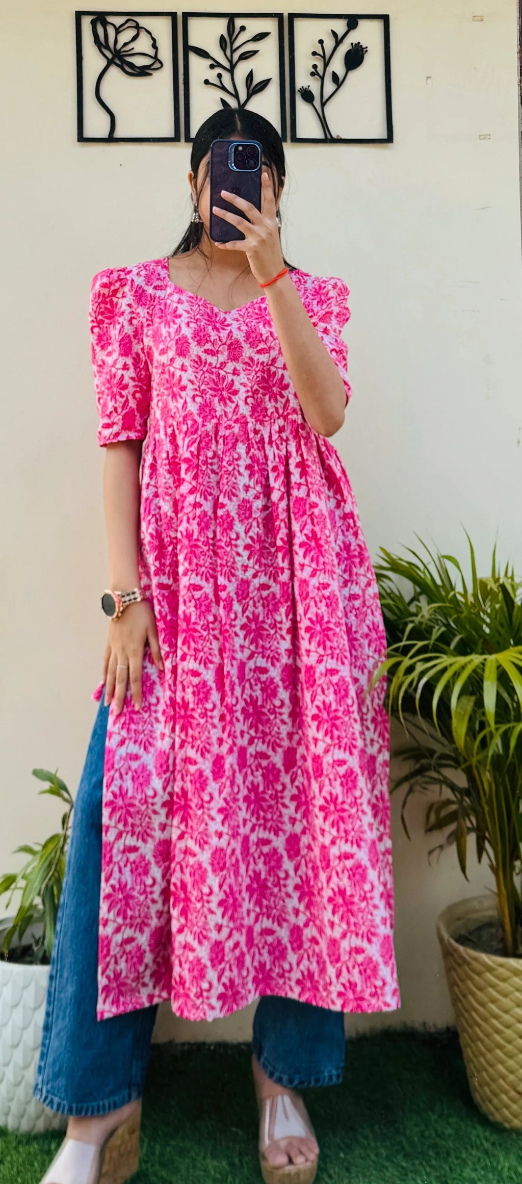 Cotton Katha Pink Puff Sleeves Nyra Cut Long Kurti - Dolled Up