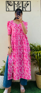 Cotton Katha Pink Puff Sleeves Nyra Cut Long Kurti - Dolled Up