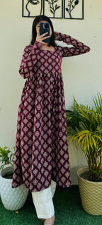 Cotton Full Sleeve Maroon Nyra Cut Long Kurti - Dolled Up