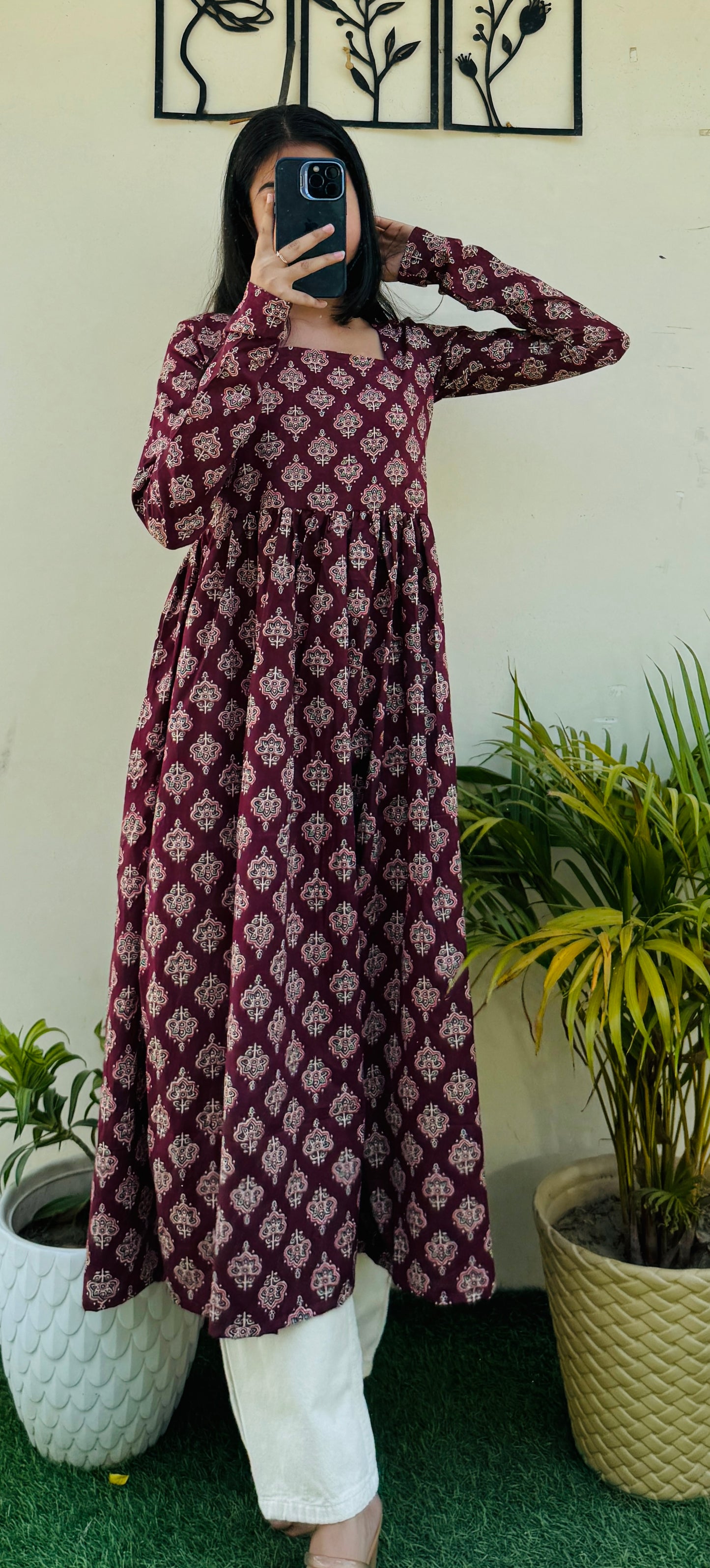 Cotton Full Sleeve Maroon Nyra Cut Long Kurti
