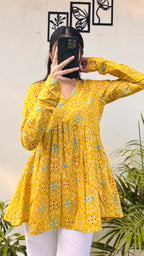 Cotton Yellow Flared Printed Aliacut Peplum Top - Dolled Up
