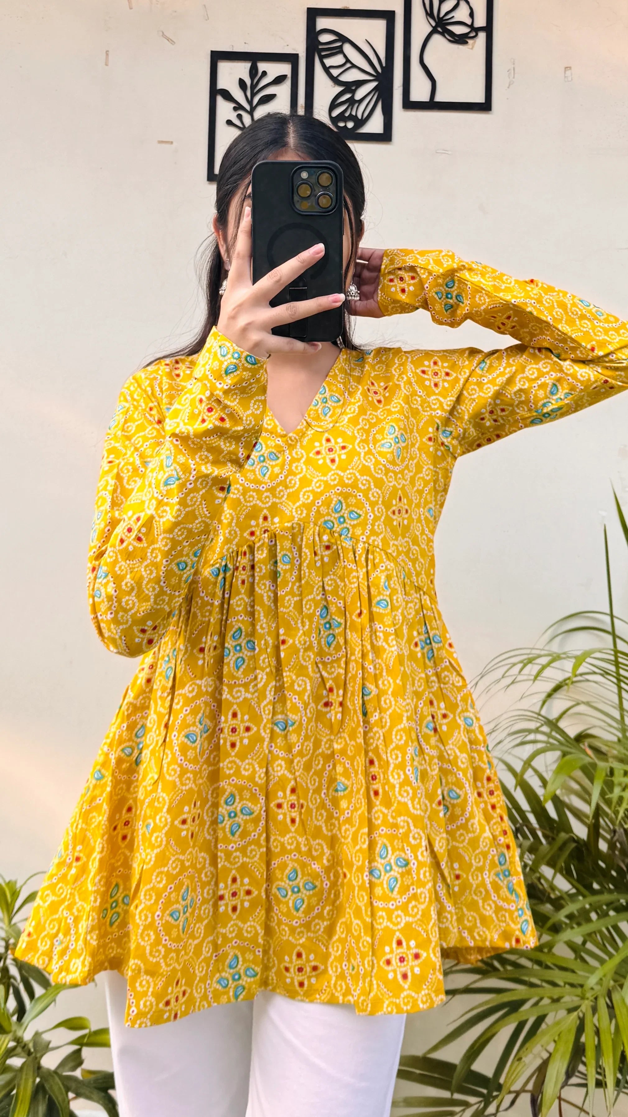 Cotton Yellow Flared Printed Aliacut Peplum Top - Dolled Up