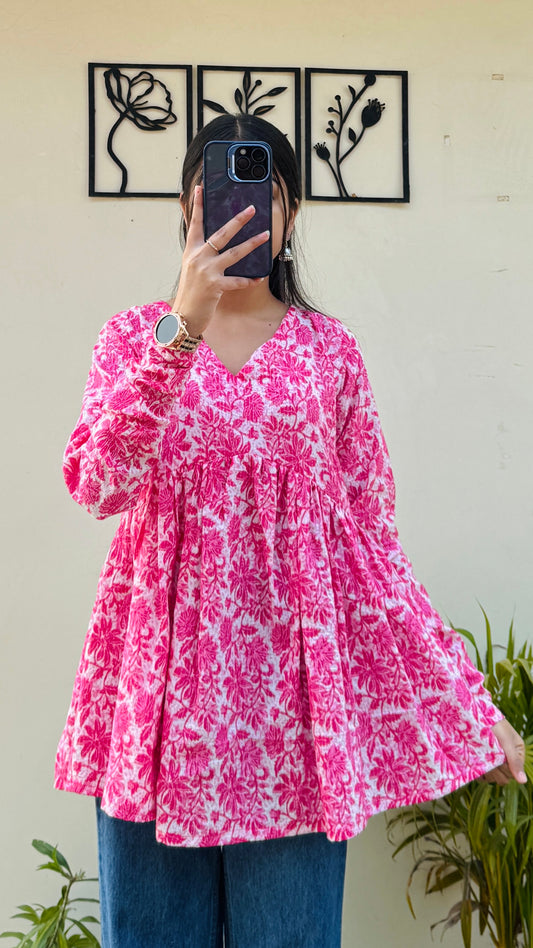Cotton Katha Pink Printed Flared Peplum Top