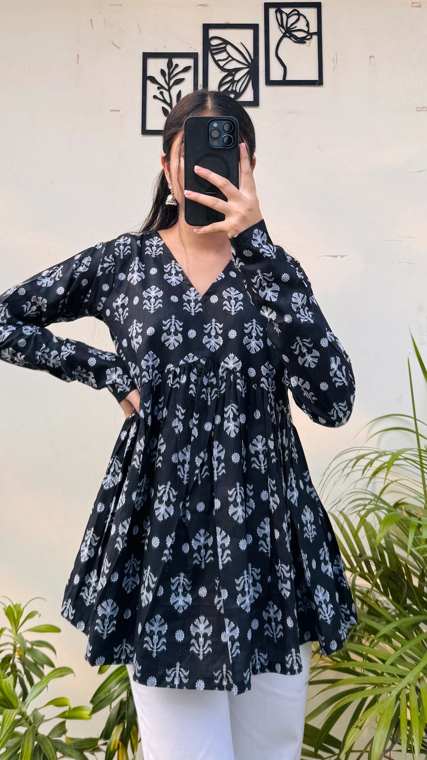 Cotton Black Flared Printed Aliacut Peplum Top - Dolled Up