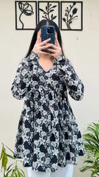 Cotton Flared Black Aliacut Printed Peplum Top - Dolled Up