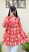 Cotton Flared Red Aliacut Printed Peplum Top - Dolled Up