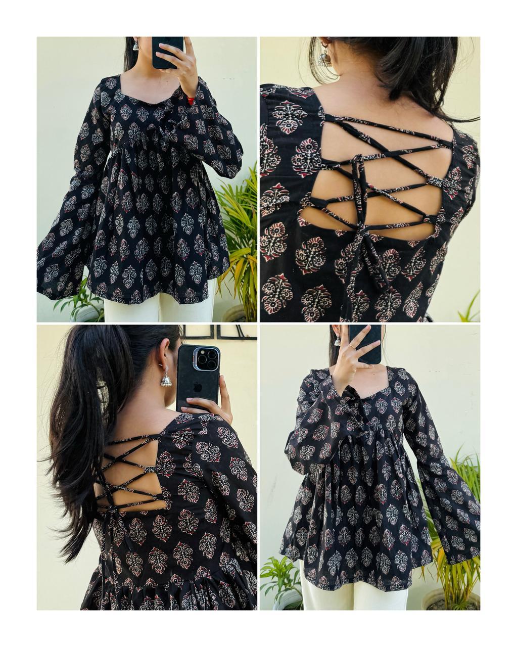 Cotton Black Bellsleeve Backless Ajrakh Print Flared Aliacut Short Kurti - Dolled Up