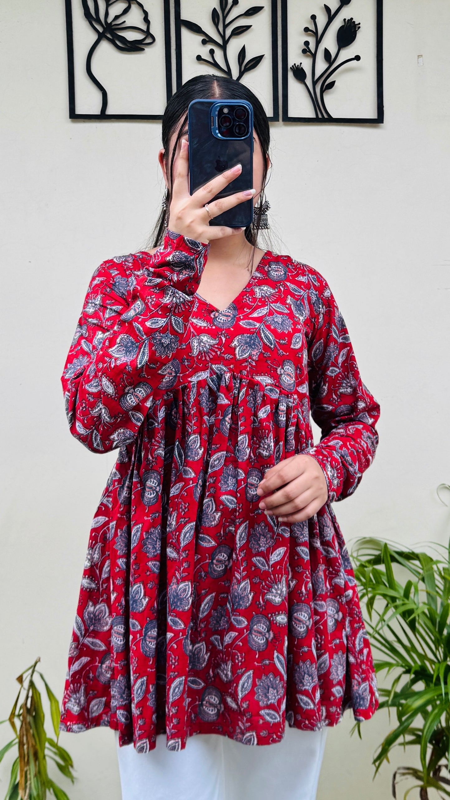Cotton Flared Red Aliacut Floral Print Peplum Top
